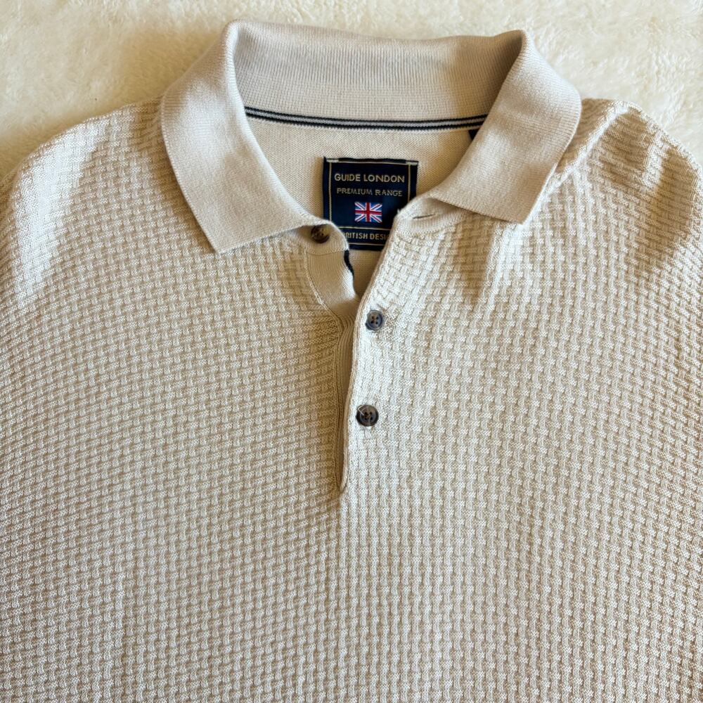 Guide London Men's L Knit Polo Sweater 100% Cotton Cream Textured Long Sleeve